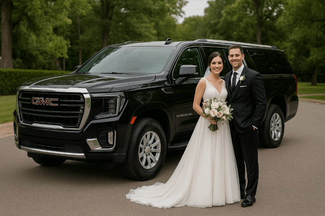 Wedding couple with chauffeured vehicle